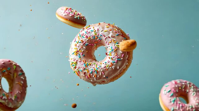 donuts falling on a light background. Selective focus