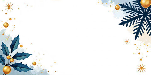 Background for Merry Christmas Card with Blue Snowflakes, Balls and Golden Stars in Minimalist Watercolor Style with Central Copy Space.