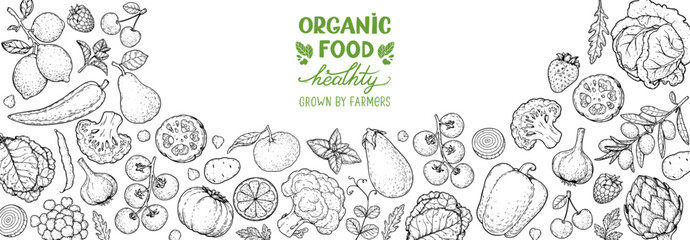Vegan food sketch. Organic food set. Healthy food frame vector illustration. Vegetables and fruits sketch. Hand drawn vector illustration. © DiViArts