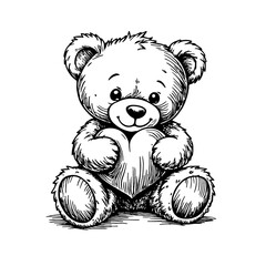 Cheerful teddy bear holding heart, vintage sketch, Valentine's charity