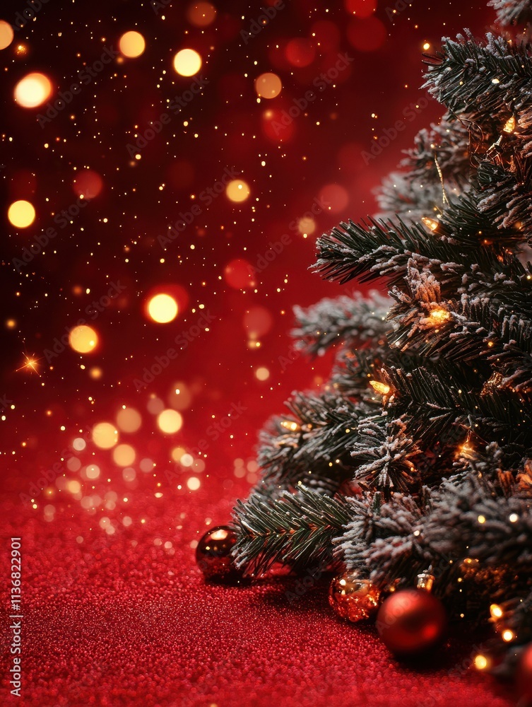 Wall mural christmas background with xmas tree and sparkle bokeh lights on red canvas background. merry christm