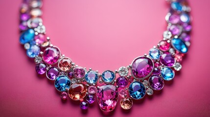 Obraz premium Colorful gemstone necklace on pink background. 