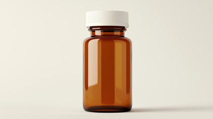 Elegant amber glass bottle with white cap on a neutral background, perfect for showcasing pharmaceutical, cosmetic, or essential oil products in your designs.