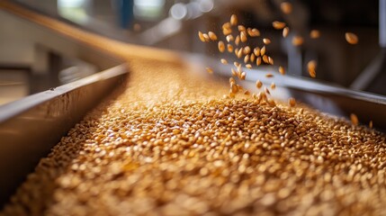 Golden Grains Flowing on Conveyor in Modern Industrial Setting with Blurred Background