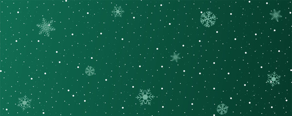 Snow flakes on dark green gradient background. Abstract winter ice magic scene. Christmas sky or snowstorm landscape wallpaper. Cold atmosphere, Horizontal backdrop for cover vector illustration.