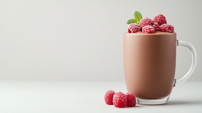 A decadent mocha mousse topped with a handful of fresh raspberries and a sprig of mint, served in a crystal-clear dessert glass