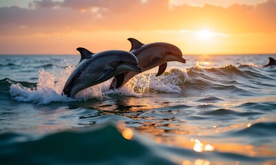 Sunset Dolphins Leap: A breathtaking moment of two dolphins playfully leaping out of the ocean waves during a vibrant sunset. © verdian