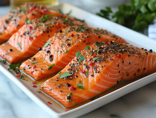 Savory salmon fillets garnished with herbs and spices on a white platter. Generative AI