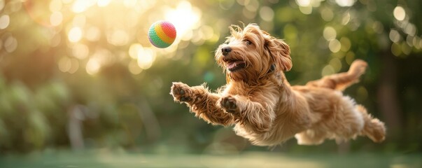 A joyful dog leaps through the air, chasing a colorful ball in a sunlit outdoor setting, embodying playfulness and energy.