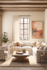 A contemporary living room featuring a wooden armchair with soft beige upholstery, a matching sofa, a coffee table, and books, creating a warm, inviting atmosphere.