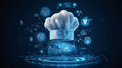 Obraz premium A digital chef hat icon with recipe metrics surrounding it, representing online cooking platforms, smart kitchen tools, and real-time food analytics. 