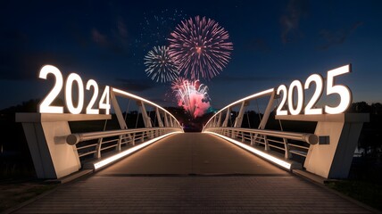 Colorful Fireworks and Bridge Lights Highlighting the Change from 2024 to 2025