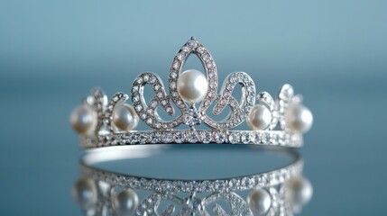 Obraz premium a beautiful tiara adorned with pearls and diamonds, placed on a reflective glass surface