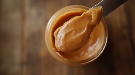 Close-up of a knife holding a dollop of smooth, creamy peanut butter above an open jar, with a wooden surface in the background