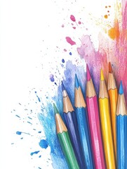 Fototapeta premium Colorful pencils with watercolor splashes for artistic children's book design