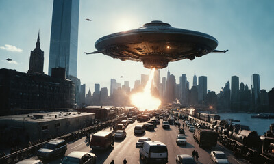 Under a clear blue sky, a massive UAP unleashes a devastating truck-fire beam upon a bustling bridge in the heart of the city. Vehicles lie abandoned as terrified people flee in chaos, skyscrapers