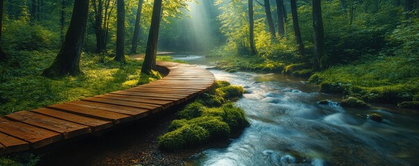 Obraz premium Serene wooden pathway winding through a tranquil forest beside a flowing stream