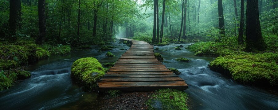 Wooden boardwalk through lush green forest over flowing stream on a misty day