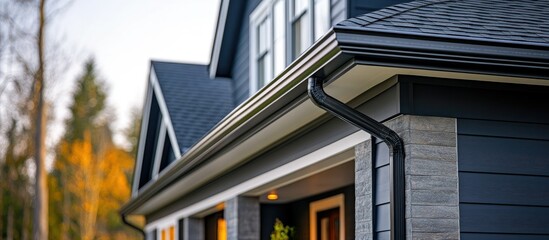 Fototapeta premium Modern house exterior with dark grey gutters and siding.