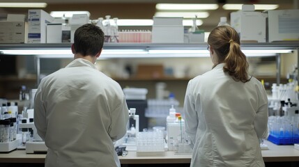 Obraz premium Scientists in Laboratory Setting Analyzing Samples Under Bright Illuminated Conditions