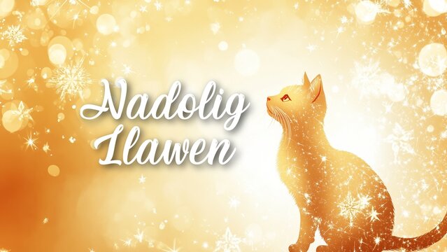 Festive Cat-Themed Christmas Background with Nadolig Llawen Wish in Welsh, Featuring Cute Cats and Holiday Cheer