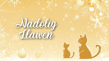 Obraz premium Festive Cat-Themed Christmas Background with Nadolig Llawen Wish in Welsh, Featuring Cute Cats and Holiday Cheer