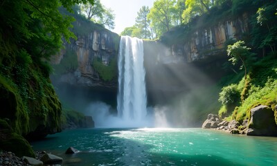 Majestic Waterfall in Lush Green Forest: A Serene Nature Escape