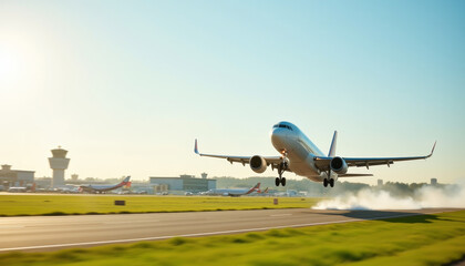 Fototapeta premium Airplane takes off majestically from the runway at a bustling airport under the bright morning sun
