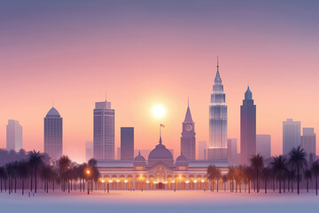 Obraz premium Beautiful skyline of city at sunset with iconic buildings and palm trees