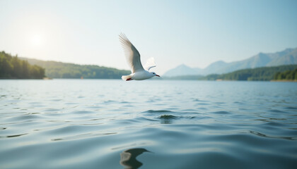 Fototapeta premium Majestic bird gliding gracefully above crystal-clear lake at dawn in a tranquil natural setting