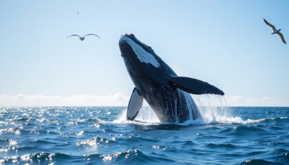 Fototapeta premium Majestic whale leaps from the ocean under a bright blue sky, creating a breathtaking spectacle of nature's wonder