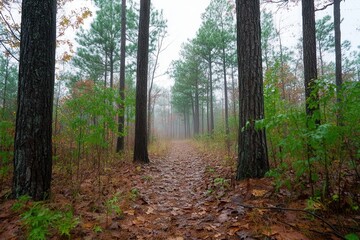 Fototapeta premium A serene forest path stretches through tall pines on a foggy day, creating a tranquil and mysterious atmosphere.