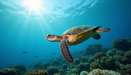 Naklejka premium Majestic sea turtle gracefully gliding through vibrant coral reef amid sunlit waters