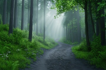 Fototapeta premium A serene forest path surrounded by lush greenery and soft sunlight filtering through the trees.