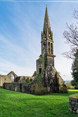 Une vue sur les ruines de l'&eacute;glise Saint-Pierre de Quimerc'h, o&ugrave; les pierres us&eacute;es par le temps racontent l'histoire d'un &eacute;difice autrefois imposant, maintenant envahi par la nature.
