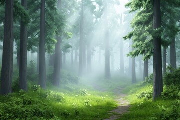 Fototapeta premium A serene forest scene with tall trees and rays of sunlight breaking through the mist.