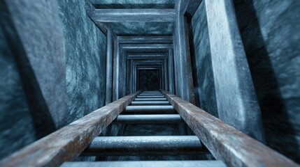 an old metal mining elevator descending into a dark 