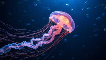 Fototapeta premium Exploring the mesmerizing beauty of a glowing jellyfish in the deep ocean at night
