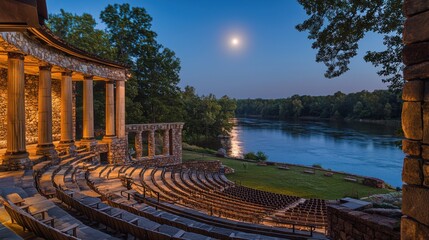 Obraz premium A tranquil riverside amphitheater illuminated at twilight, surrounded by trees and reflecting the peaceful beauty of nature.