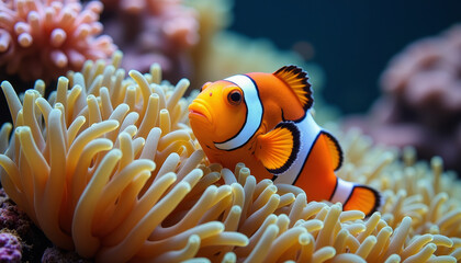Bright clownfish gliding through vibrant anemone in a coral reef underwater world