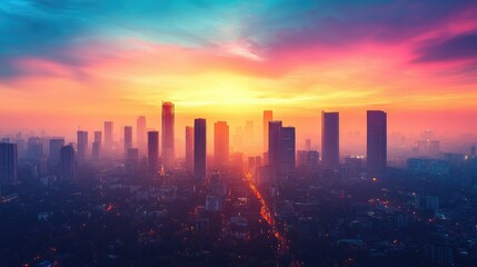 Vibrant sunset over a hazy cityscape.