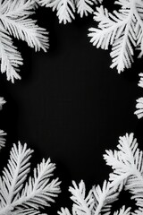 A decorative frame of white frosted leaves on a black background, creating a serene winter atmosphere.