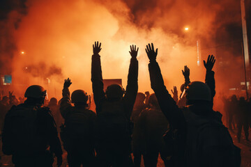 Group of riot police raising hands during night demonstration with smoke and fire in background