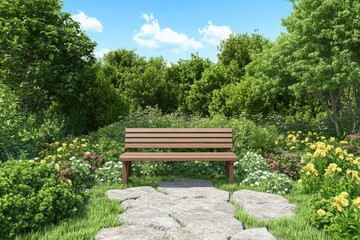 Fototapeta premium A serene wooden bench nestled in a vibrant garden surrounded by blooming flowers and lush greenery.