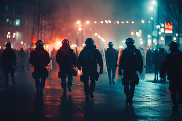 Police officers with riot shields walking away from protest at night