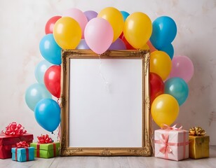 new year eve Christmas wedding anniversary  birthday celebration cake with shining colorful balloons, 3d gift boxes and frame isolated on grey wall background