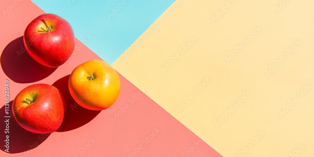 Poster brightly colored banner with apples highlights empty space and vivid contrasts for creative use