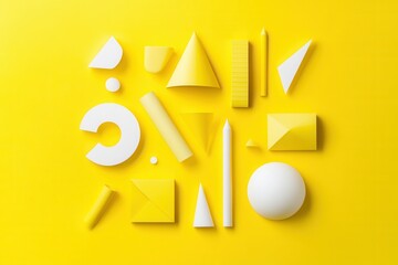 A vibrant arrangement of geometric shapes in yellow and white on a bright yellow background, creating a playful design.