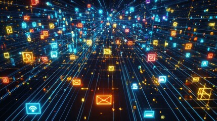 Dynamic Visualization of Digital Icons and Symbols Representing Connectivity, Communication, and Technology in a Futuristic Network Environment