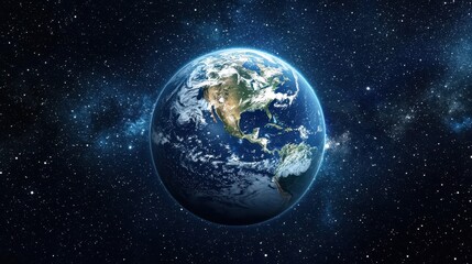 Fototapeta premium Stunning View of Earth from Space Surrounded by Stars, Capturing the Beauty of Our Planet and the Mysteries of the Universe in a Vivid, High-Resolution Image